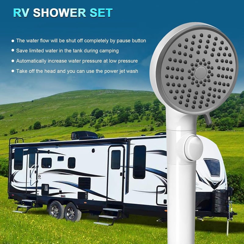 FOCSPROD RV Shower Head with Hose, High Pressure 5 Mode Shower head Replacement, Shower Head for RV/Campers, Travel Trailer, Motorhome for Water Saving, Shower Head Holder and Hose, On Off Switch, White - Image 2